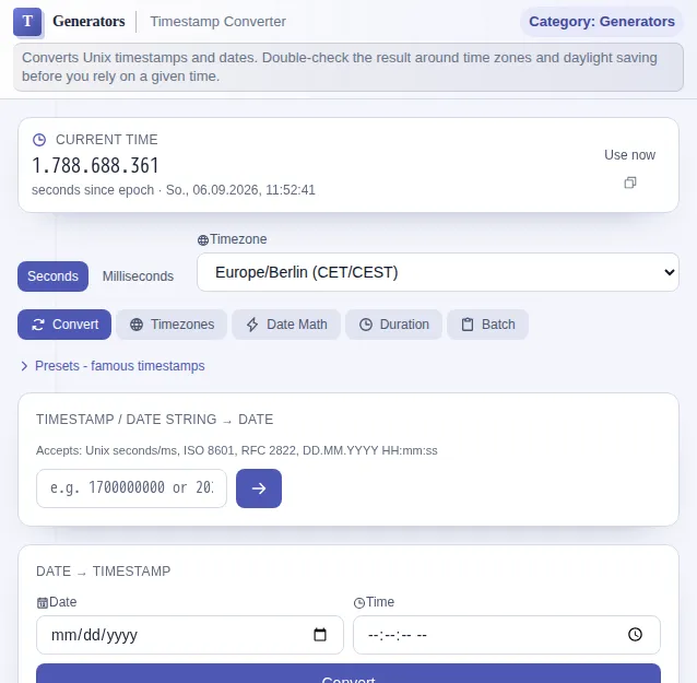 Timestamp Converter: screenshot of the tool with sample data