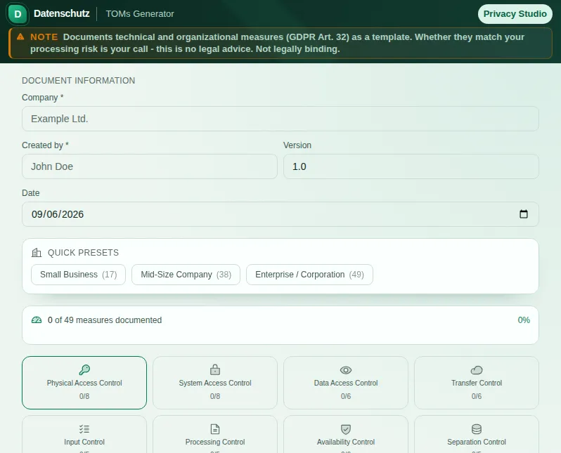 TOMs Generator: screenshot of the tool with sample data