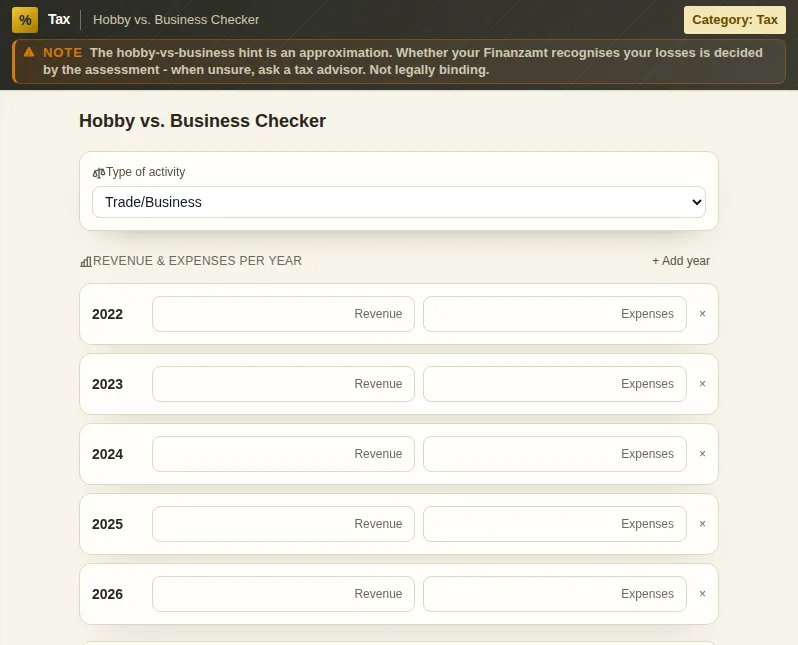 Hobby vs. Business Checker: screenshot of the tool with sample data