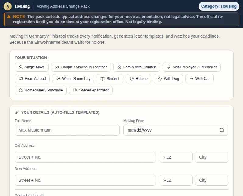 Moving Address Change Pack: screenshot of the tool with sample data