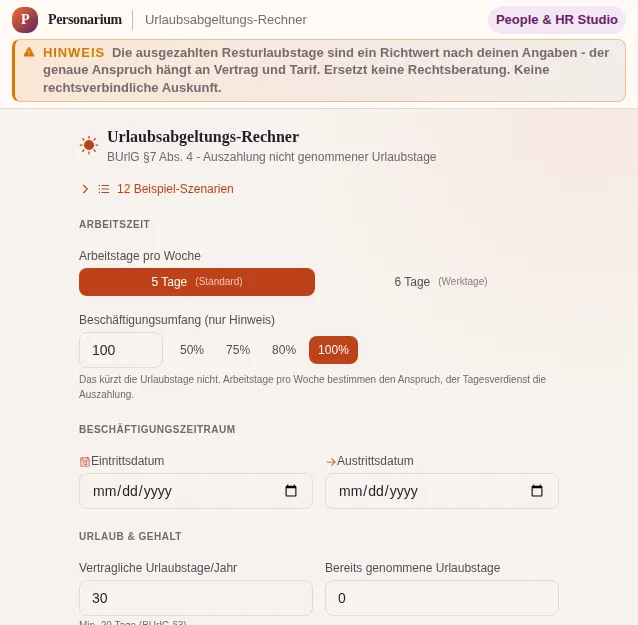 Urlaubsabgeltungs-Rechner : capture d'écran de l'outil avec des données d'exemple