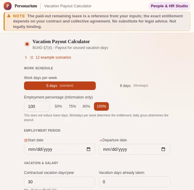 Vacation Payout Calculator: screenshot of the tool with sample data