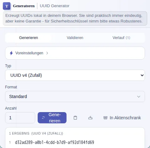 UUID Generator - Générateur d’UUID : capture d'écran de l'outil avec des données d'exemple