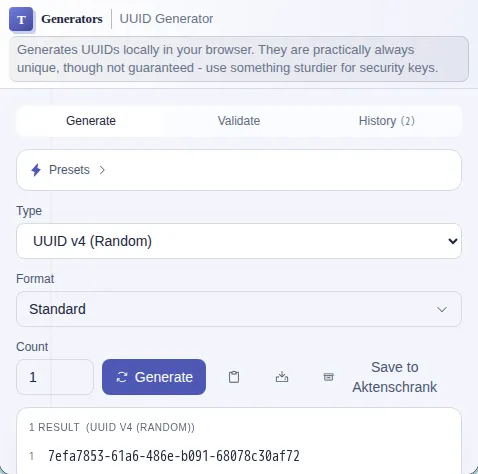 UUID Generator: screenshot of the tool with sample data