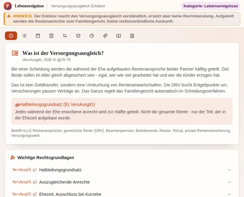 Versorgungsausgleich-Erklärer - Le partage des droits à la retraite expliqué : capture d'écran de l'outil avec des données d'exemple