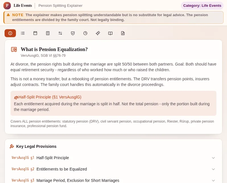 Pension Splitting Explainer: screenshot of the tool with sample data