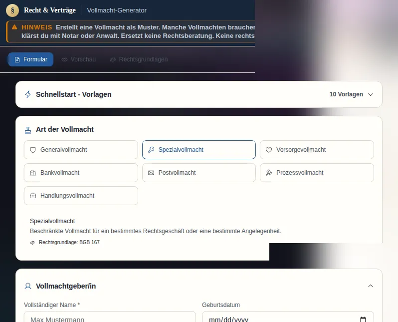 Vollmacht-Generator - Générateur de procuration : capture d'écran de l'outil avec des données d'exemple