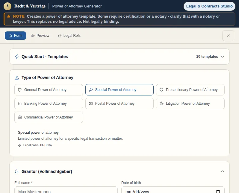 Power of Attorney Generator: screenshot of the tool with sample data