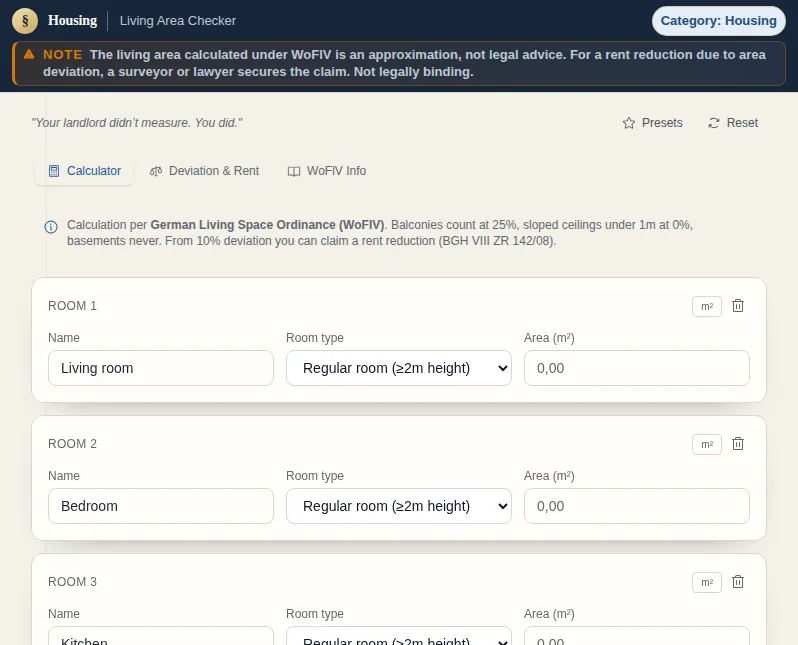 Living Area Checker: screenshot of the tool with sample data