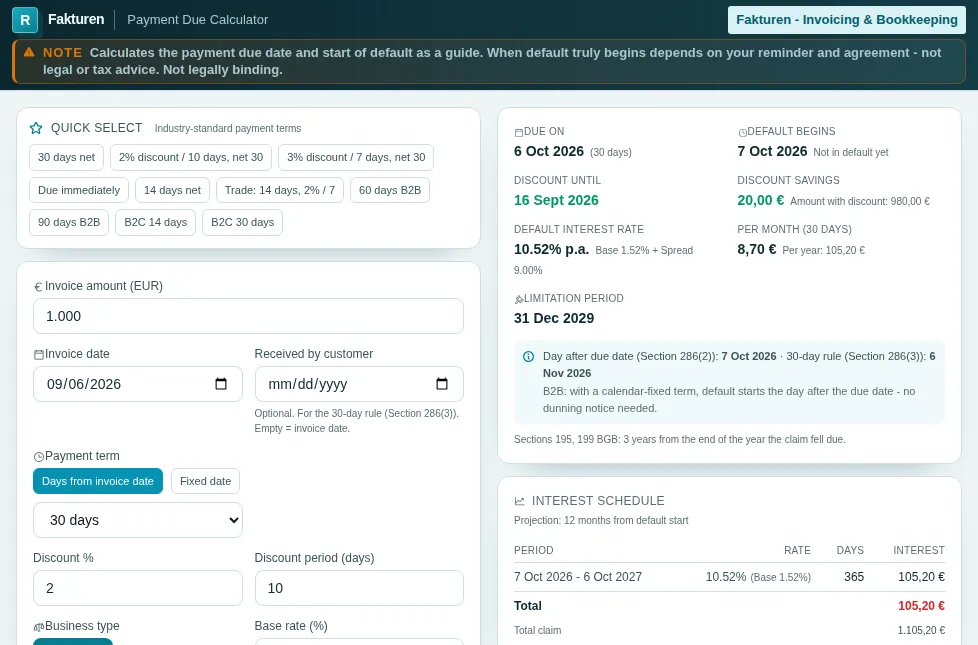 Payment Due Calculator: screenshot of the tool with sample data