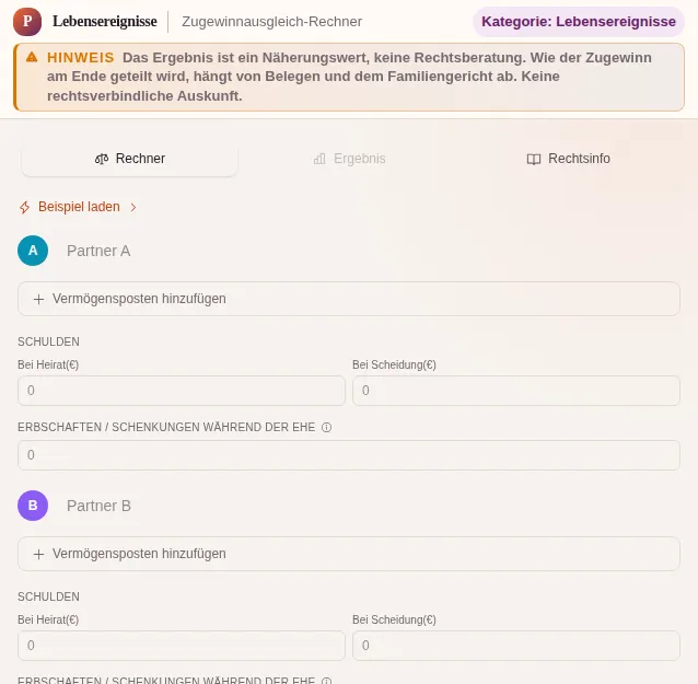 Zugewinnausgleich-Rechner - Calcolatore della compensazione dell'incremento patrimoniale: schermata dello strumento con dati di esempio