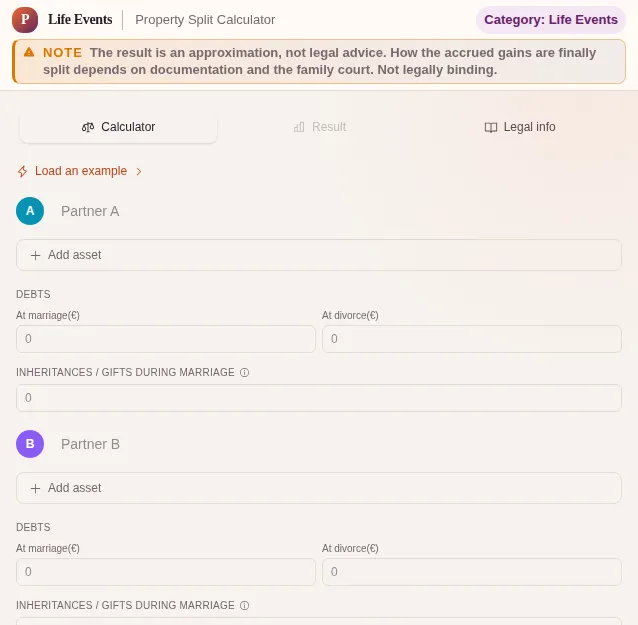 Property Split Calculator: screenshot of the tool with sample data